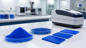 Pigment Blue 15:3 powder, blue plastic masterbatch pellets and molded color plaques in a polymer laboratory