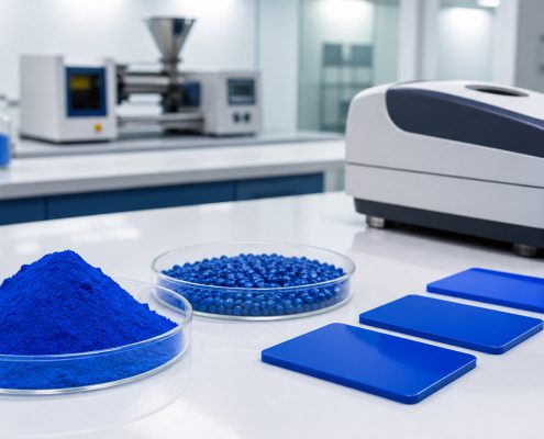 Pigment Blue 15:3 powder, blue plastic masterbatch pellets and molded color plaques in a polymer laboratory